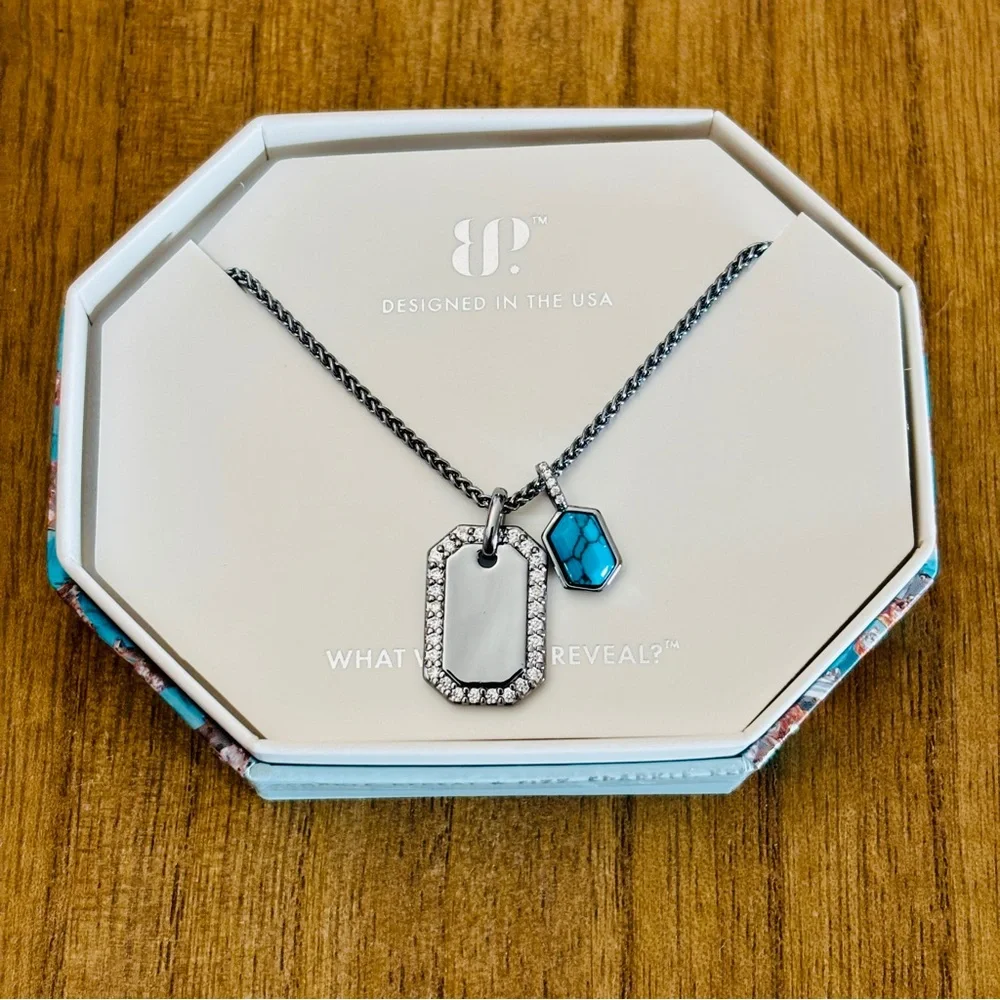 Turquoise Dog Tag Charm Necklace - December Birthday Necklace by Bomb Party - Picture 2 of 4